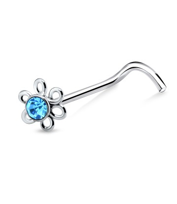 Stone Flower Shaped Silver Curved Nose Stud NSKB-25